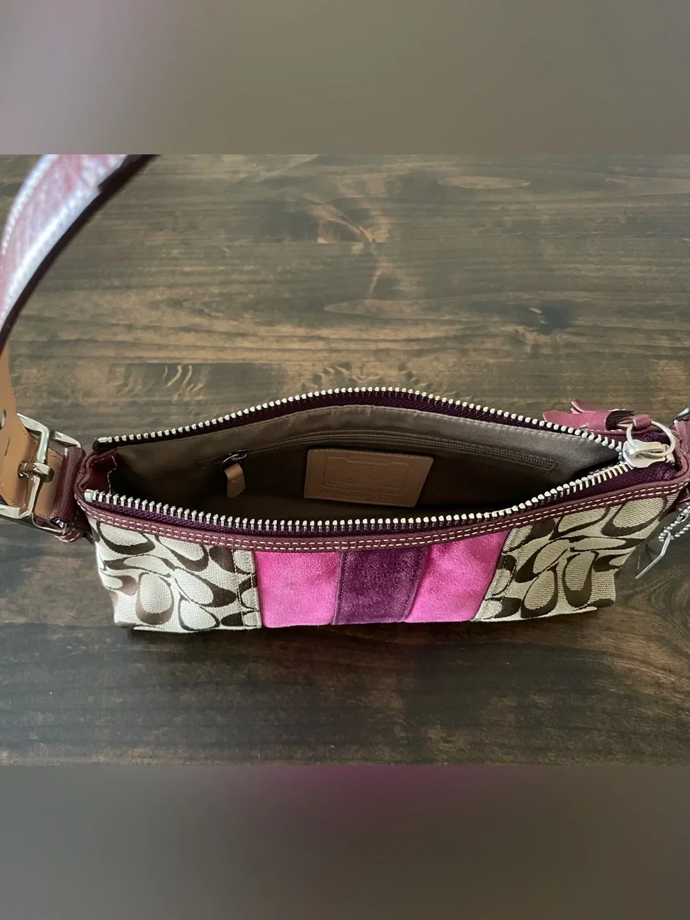 Vintage Coach 7039 Signature Stripe Suede Demi Baguette Shoulder Bag